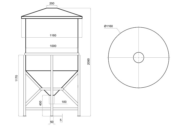 Схема и размеры бункера на 1 куб. м. с обрешеткой