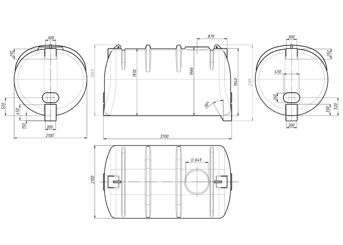 Схема и размеры емкости пластиковой 10500 литров горизонтальной С полным сливом.