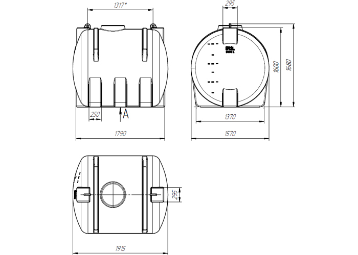 Схема и размры емкости 3000 литров из пластика, горизонтального исполнения