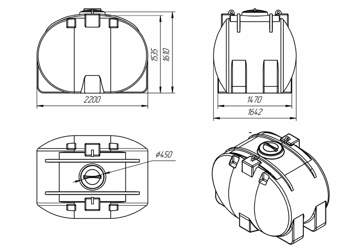 Схема и размры емкости 4000 литров из пластика, горизонтального исполнения