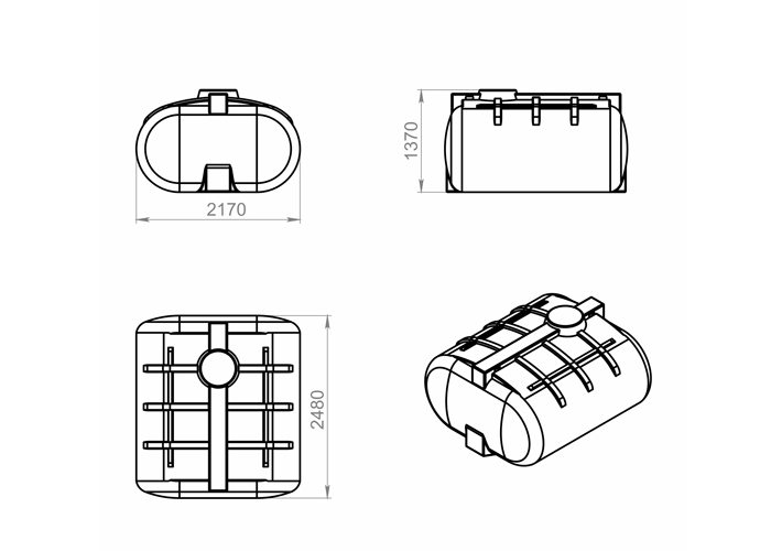 Схема и размеры 5 кубовой горизонтальной пластиковой емкости