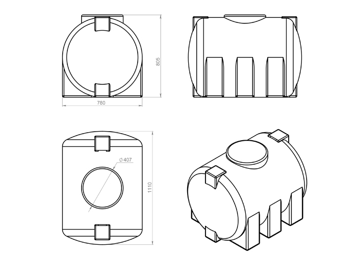Схема и размры емкости 500 литров из пластика, горизонтального исполнения