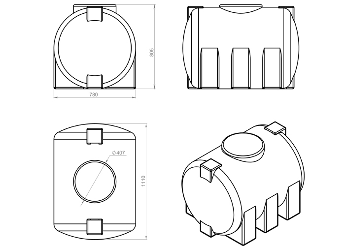 Схема и размры емкости 500 литров из пластика, горизонтального исполнения