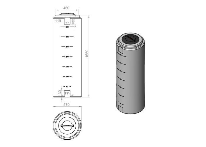 Размеры и схема узкой пластиковой емкости (Slim) вместимостью 400 литров