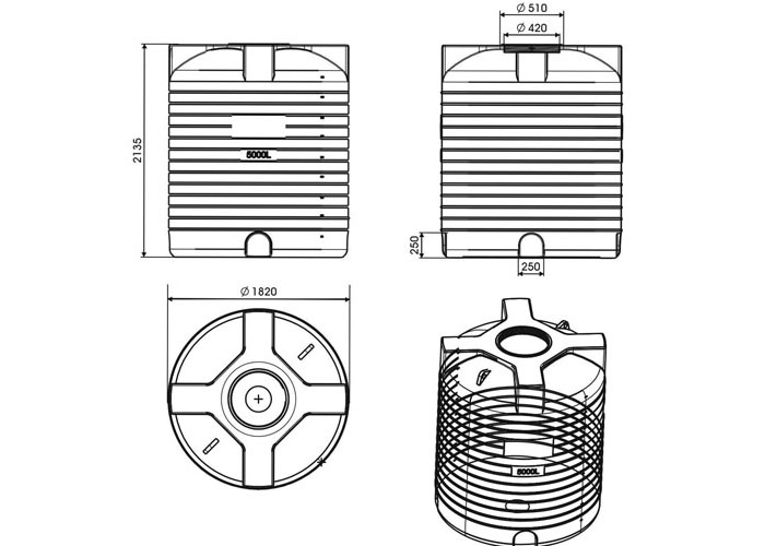 Схема и размеры пластиковой емкости на 5000л усиленной